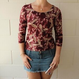 Susan Lawrence Burgundy and Cream Paisley Long Sleeve Top